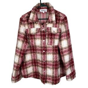 BB Dakota Plaid Shacket Fuzzy Barn Jacket Red Cream Snap Front Lumberjack Coat L